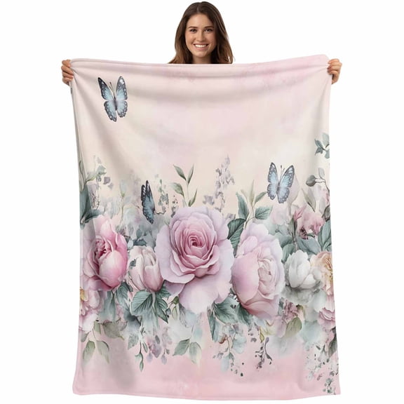 Pink Roses Floral Blanket Soft Cozy Warm Throw Blanket for Couch, Plush Fuzzy Flannel Fleece Blankets for Sofa, Vintage Romance Botanical Flowers Bed Blankets Lightweight Gifts for Women, 40"x50"