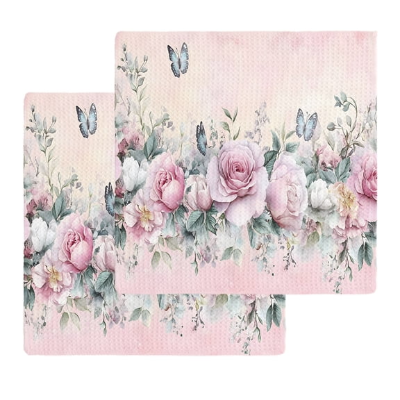 Pink Roses Floral Kitchen Dish Towels for Drying Dishes Set of 2, Vintage Romance Botanical Flowers Waffle Weave Microfiber Hand Tea Bathroom Towels Quick Dry & Absorbent Towel 12x12