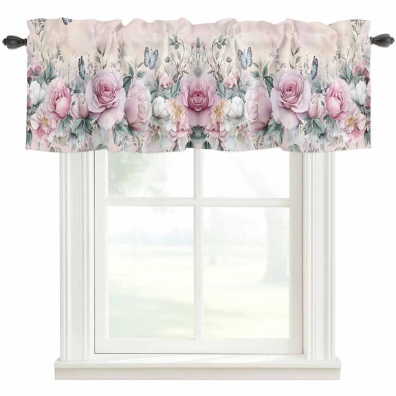 Pink Roses Floral Kitchen Valances for Windows, Vintage Romance Botanical Flowers Bathroom Window Valances 42x12 Inch Rod Pocket Window Treatments Valance Curtains for Living Room Bedroom Decor