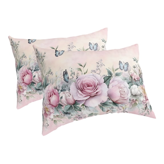 Pink Roses Floral Pillow Covers Decorative Pillow Cases Standard Size Set of 2, Vintage Romance Botanical Flowers Lumbar Bed Pillow Cover with Envelope Closure for Sofa Bedroom 20x26 Inch
