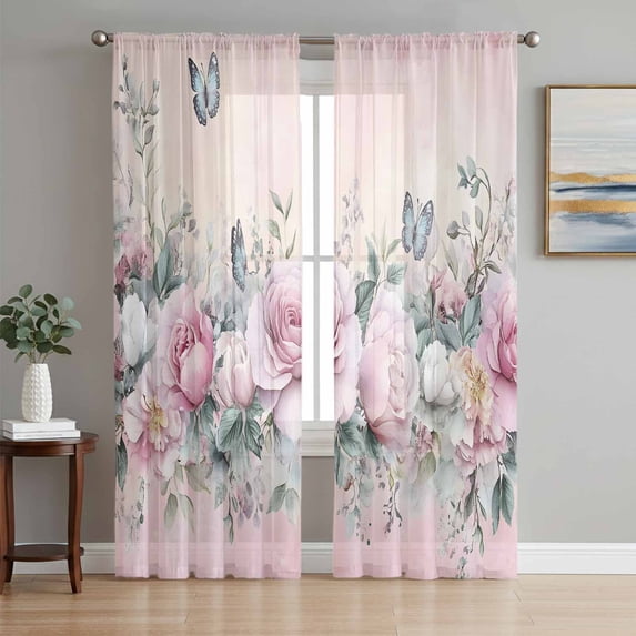 Pink Roses Floral Sheer Curtains 63 Inch Length 2 Panels Set, Vintage Romance Botanical Flowers Voile Window Treatment Rod Pocket Curtains Sheers Drapes for Bedroom/Living Room/Kitchen 52x"63"x2