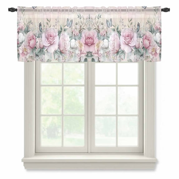 Pink Roses Floral Sheer Curtains Valances for Windows Vintage Romance Botanical Flowers Chiffon Kitchen Valances for Cafe, Rod Pocket Voile Window Treatments Curtains for Living Room Bedroom, 54"x18"