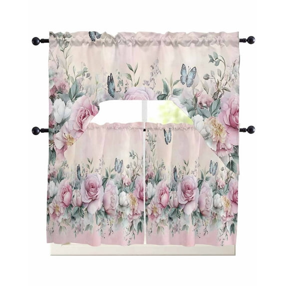 Pink Roses Floral Swag Curtains for Living Room/Bedroom Windows, Vintage Romance Botanical Flowers Kitchen Curtains and Valances Set 36 Inch Length, Light Filtering Swags Valance Curtain Panels
