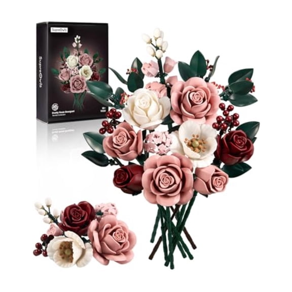 Pink Roses Flower Bouquet Building Set Artificial Flowers Botanical Collection Kit for Adults Women Men - Gift for Valentines Day Home Room Office Shelf Centerpieces Decor - IA11022