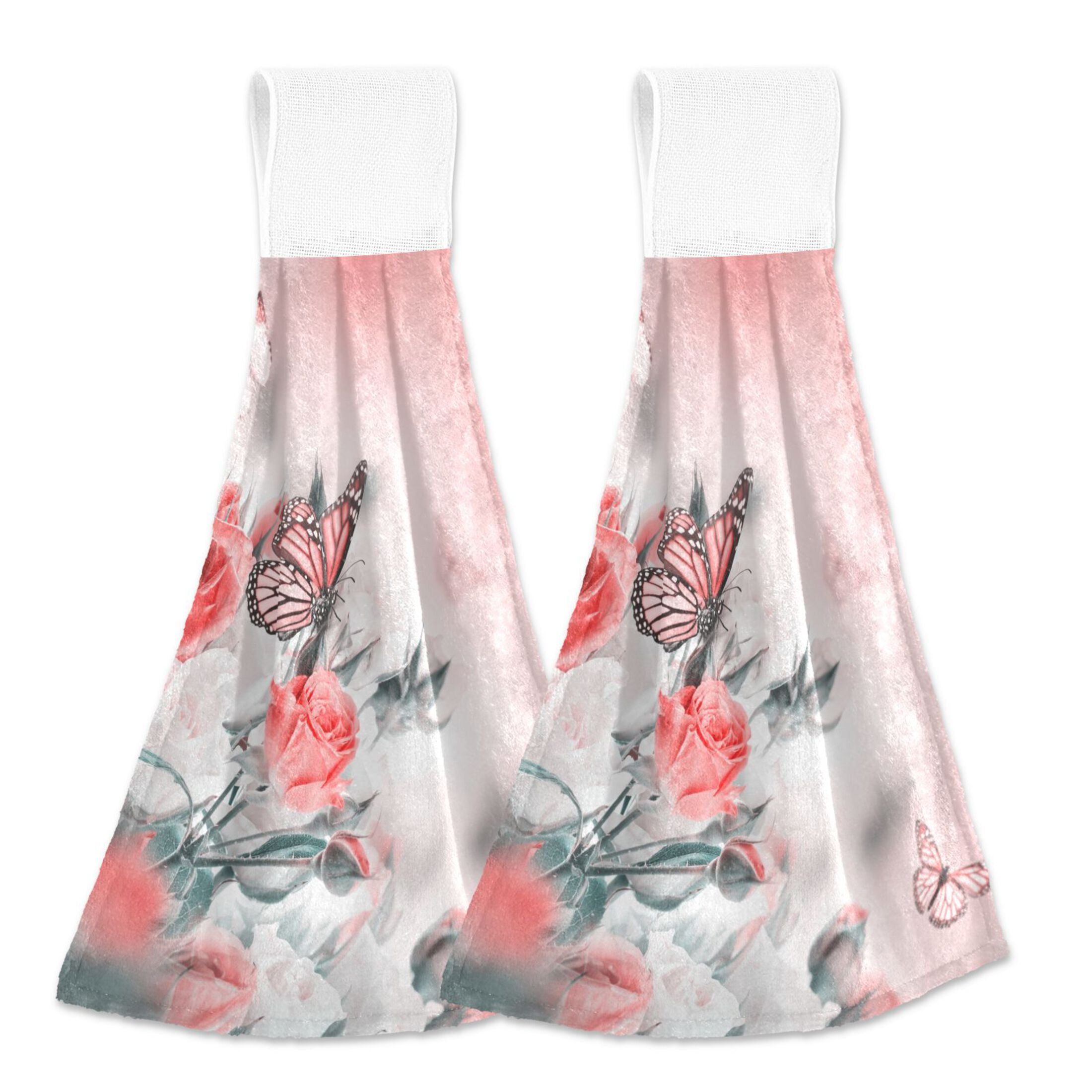 Hanging Kitchen Towel Set Of 2 - Flowers & Butterflies Pattern, 12" X 17", Absorbent Coral Fleece, Hook & Loop Fasteners