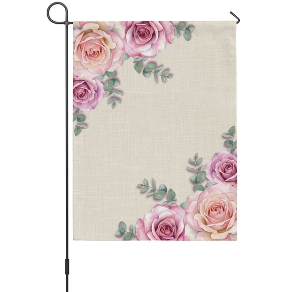 Pink Roses Garden Flag 12 x 18 Inches, Classic Floral Eucalyptus Leaves Linen Texture Weather Proof Outdoor Patio Flags Double Sided Small Garden Decoration for Yard Outside Home
