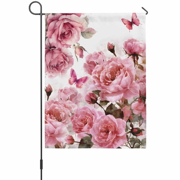 Pink Roses Garden Flag 12 x 18 Inches, Spring Watercolor Gradient Pink Rose Floral Leaf Butterfly Weather Proof Outdoor Patio Flags Double Sided Small Garden Decoration for Yard Outside Home