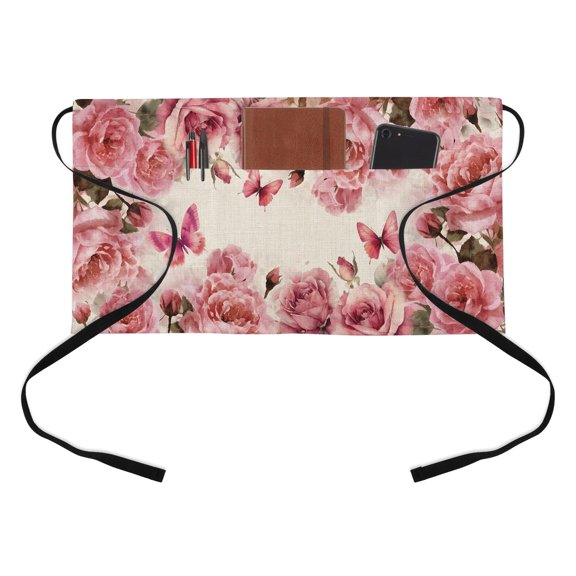 Pink Roses Half Waist Apron Spring Watercolor Gradient Pink Rose Floral Butterfly Linen Texture Short Waiter Aprons with 3 Pockets for Women Men Kitchen Restaurant Cooking