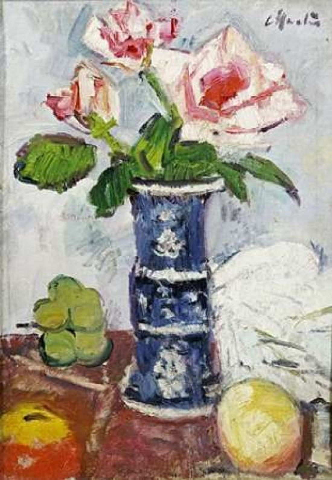 Pink Roses In a Chinese Blue and White Gu-Shaped Vase Canvas Art - George Leslie Hunter (20 x 28)