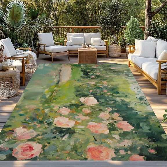 Pink Roses Indoor Outdoor Rugs 3x5 Ft, Floral Garden Water Pond Impressionist Outdoor Patio Rugs Mat Washable Outside Area Rugs Carpet for Porch Deck RV Camping Pool Balcony Backyard