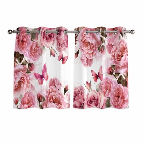 Pink Roses Kitchen Curtains Window Panels, Spring Floral Elegant Pastoral Butterfly Insulated Window Treatment Curtain, Grommet Curtains for Bedroom/Living Room/Bathroom, 2 Piece 52"Wx45"L