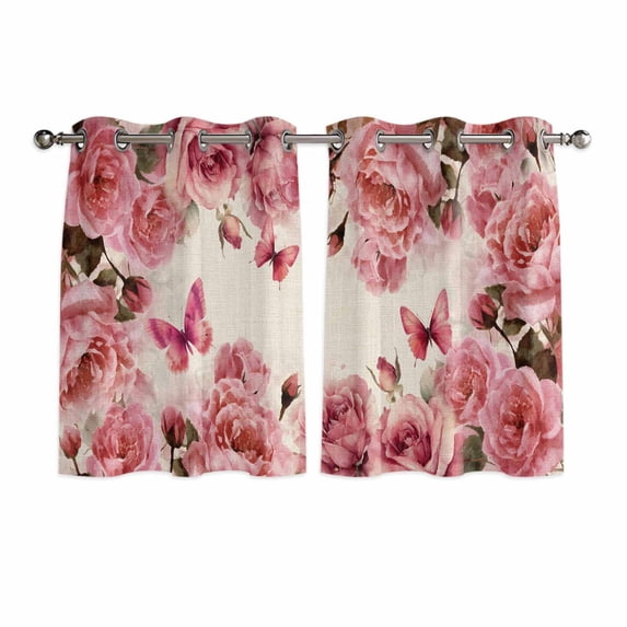 Pink Roses Kitchen Curtains Window Panels, Spring Floral Elegant Pastoral Butterfly Retro Insulated Window Treatment Curtain, Grommet Curtains for Bedroom/Living Room/Bathroom, 2 Piece 42"Wx45"L