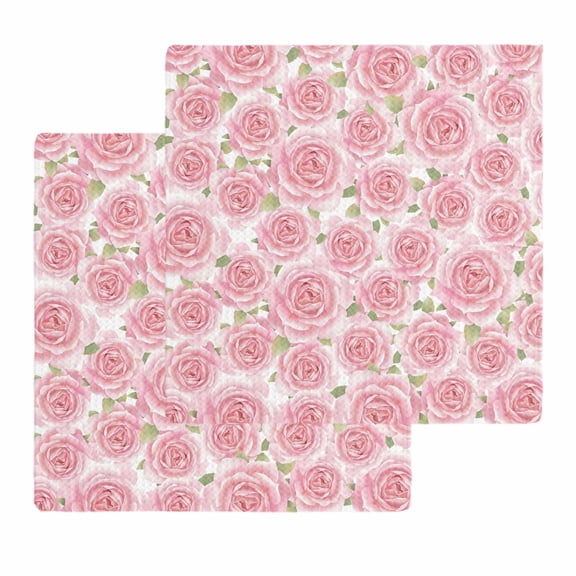 Pink Roses Kitchen Dish Towels for Drying Dishes Set of 2, Retro Flower Floral Botanicall Plant Leaf Waffle Weave Microfiber Hand Tea Bathroom Towels Quick Dry & Absorbent Towel 12x12