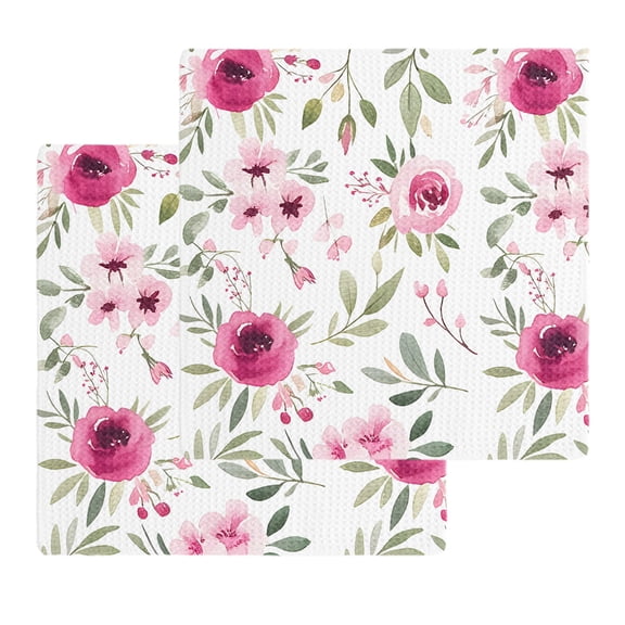 Pink Roses Kitchen Dish Towels for Drying Dishes Set of 2, Romantic Flowers Leaves Vintage Country Waffle Weave Microfiber Hand Tea Bathroom Towels Quick Dry & Absorbent Towel 12x12