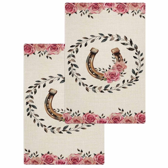 Pink Roses Kitchen Dish Towels for Drying Dishes Set of 2, Spring Horseshoes Floral Leaves Rustic Waffle Weave Microfiber Hand Tea Bathroom Towels Quick Dry & Absorbent Towel 15.7x23.6