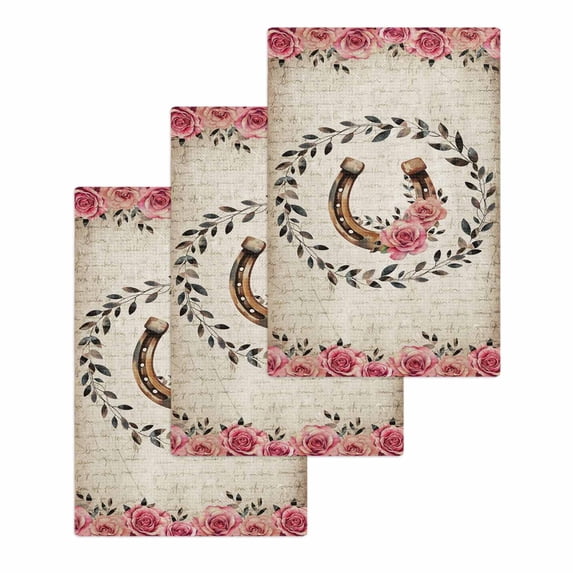 Pink Roses Kitchen Dish Towels for Drying Dishes Set of 3, Spring Horseshoes Floral Leaves Vintage Waffle Weave Microfiber Hand Tea Bathroom Towels Quick Dry & Absorbent Towel 15.7x23.6