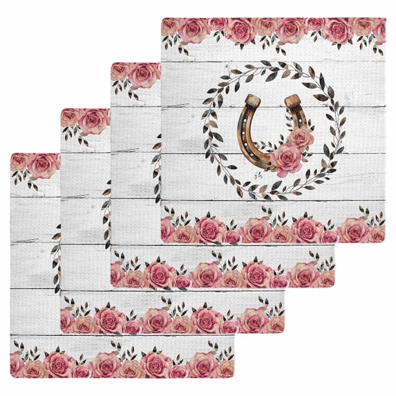 Pink Roses Kitchen Dish Towels for Drying Dishes Set of 4, Spring Horseshoes Floral Leaves Gray Wood Waffle Weave Microfiber Hand Tea Bathroom Towels Quick Dry & Absorbent Towel 12x12
