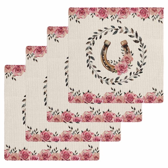 Pink Roses Kitchen Dish Towels for Drying Dishes Set of 4, Spring Horseshoes Floral Leaves Rustic Waffle Weave Microfiber Hand Tea Bathroom Towels Quick Dry & Absorbent Towel 12x12
