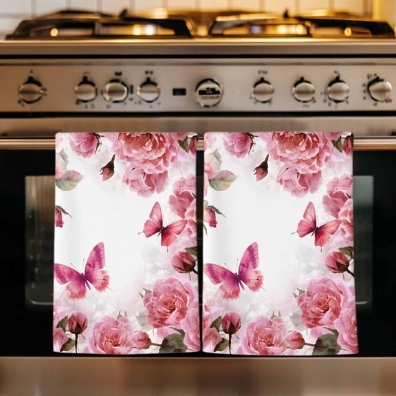Pink Roses Kitchen Towels Set of 1, Spring Floral Elegant Pastoral Butterfly Absorbent Dish Towels for Kitchen, Microfiber Hand Towel, Quick Drying Tea Towel for Cleaning Decorative Dishcloths