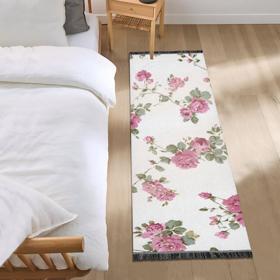 Pink Roses Leaves White Background Bedside Runner Rug 2'x 6' Non Slip Carpet Floor Mat Area Rug