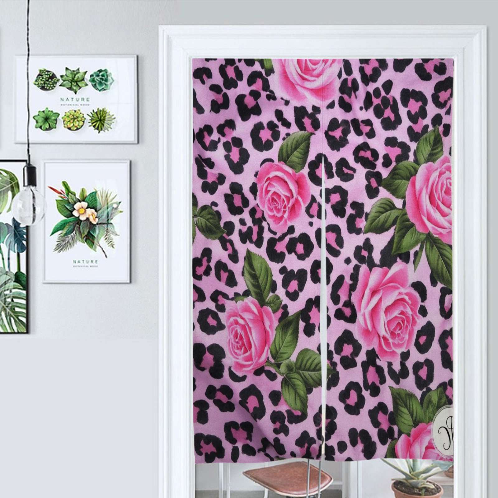 Pink Roses Leopard Print Fabric Door Curtain Nordic Living Room