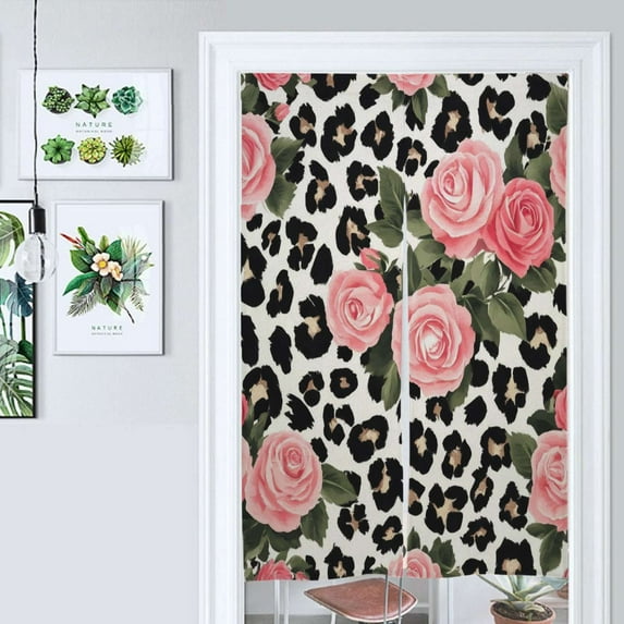 Pink Roses Leopard Print Fabric Door Curtain Nordic Living Room DoorCurtain Porch Partition Curtain Kitchen Rative Half Curtain