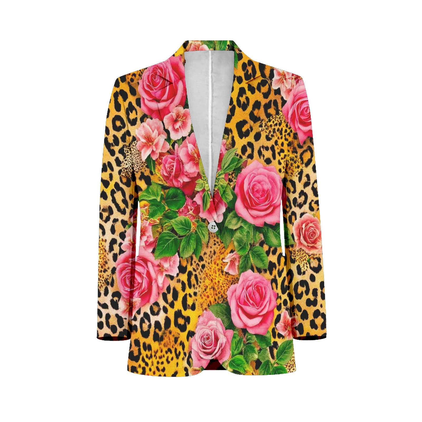 Pink Roses Leopard Print Fabric Mens Suits Shawl Collar Slim Fit Suit ...