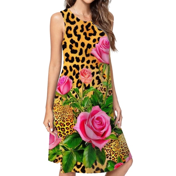 Pink Roses Leopard Print Fabric Spring Summer Dresses For Women Fashion Dress Casual Sleeveless Loose Sundress With Pockets