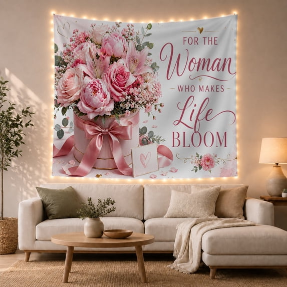 Pink Roses With Life Bloom Lettering, Inspirational Watercolor Style for Flower Lovers, Botanical Wall Art, Mother's Day Gift Tapestry Wall Hanging for Bedroom and Living Room