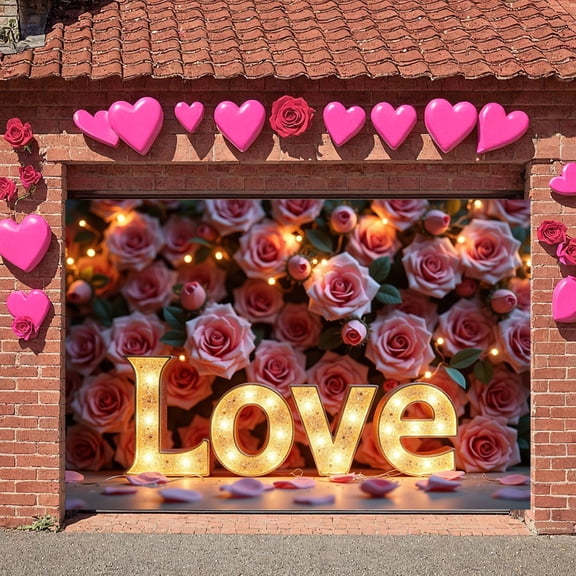 Pink Roses Love Banner Glittery Finish Wedding Backdrop Warm Lighting LED-lit Decor Romantic Display for Valentine's Day Celebration Wedding Reception Anniversary Party