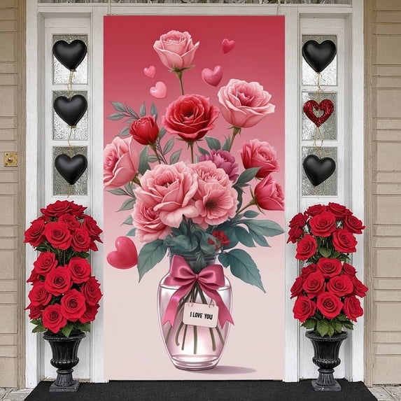Pink Roses Love Banner Heart-shaped Romantic Display Purple Bow Green Leaves Valentine Backdrop for Valentine's Day Wedding Anniversary