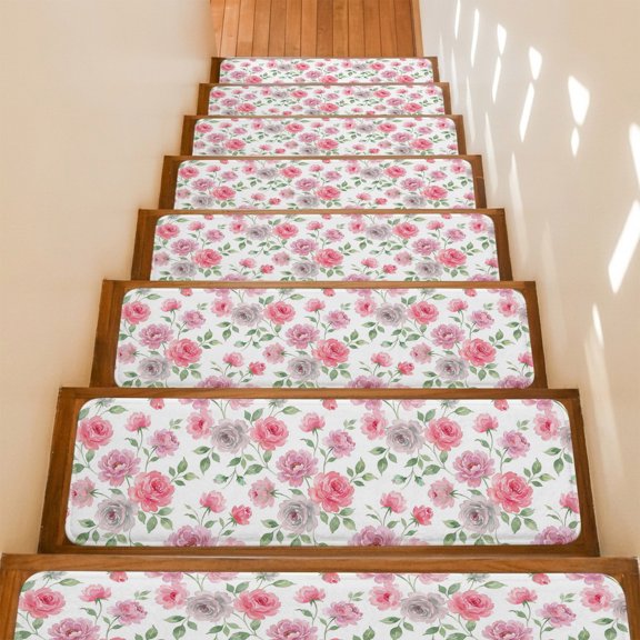 Pink Roses Non-Slip Stair Treads for Wooden Steps, 10 Pack 8x30 Inches Carpet Stair Mats with Adhesive Backing, Noise-Reducing Step Covers for Indoor Stairs, Easy to Install & Residue-Free