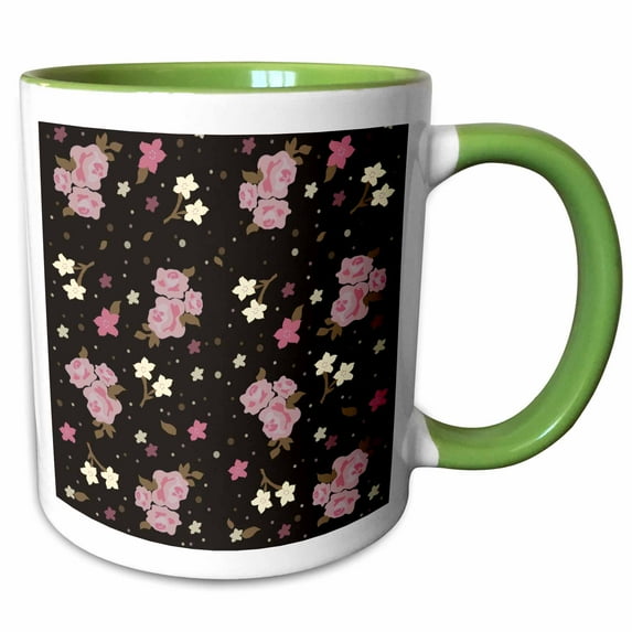 3drose, Pink Roses on Stylish Black - Japanese Floral Pattern - Flowery Flowers Elegant Contemporary, 15oz Two-tone Green Mug