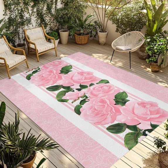 Pink Roses Outdoor Rug for Patio/Deck/Porch, Non-Slip Large Area Rug 4 x 6 Ft, Valentine's Day Romantic Flowers Green Leaf Stripes Indoor Outdoor Rugs Washable Area Rugs, Camping Rug Carpet Runner