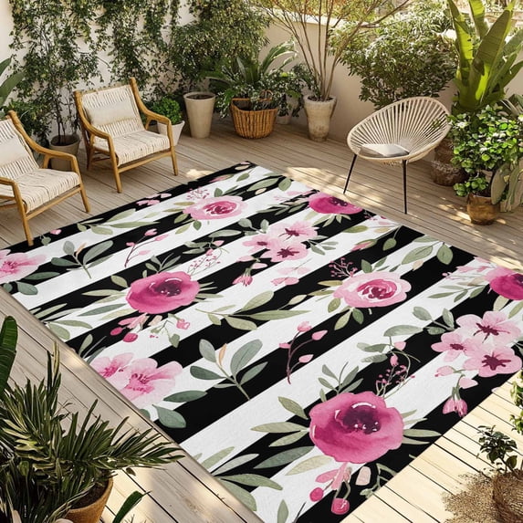 Pink Roses Outdoor Rug for Patio/Deck/Porch, Non-Slip Large Area Rug 6 x 9 Ft, Romantic Flowers Leaves Floral Black Stripes Indoor Outdoor Rugs Washable Area Rugs, Camping Rug Carpet Runner