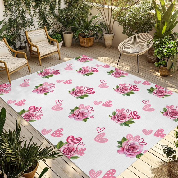 Pink Roses Outdoor Rug for Patio/Deck/Porch, Non-Slip Large Area Rug 6 x 9 Ft, Valentine's Day Flowers Love White Romantic Indoor Outdoor Rugs Washable Area Rugs, Reversible Camping Rug Carpet Runner