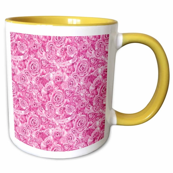 3drose, Pink Roses Pattern, 15oz Two-tone Yellow Mug