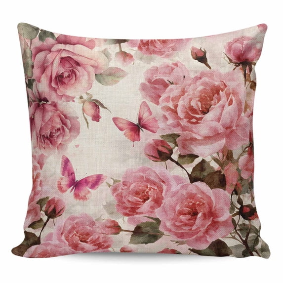 Pink Roses Pillow Covers 16x16 Inch Decorative Throw Pillow Cover, Spring Floral Elegant Pastoral Butterfly Retro Sofa Pillowcases Accent Cushion Case Home Decor Bedroom Living Room