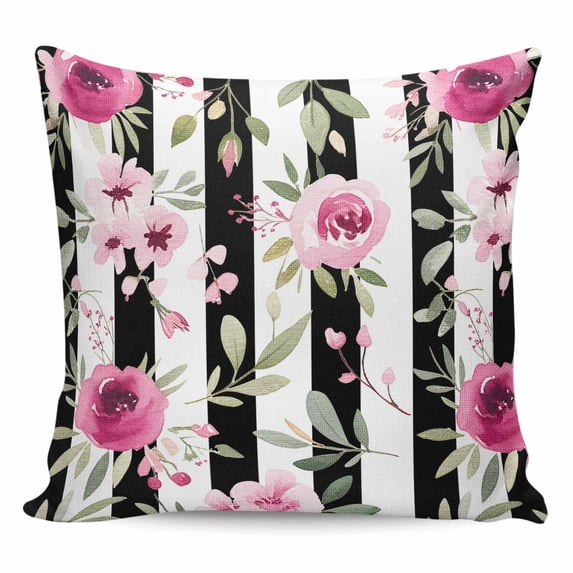 Pink Roses Pillow Covers 24x24 Inch Decorative Throw Pillow Cover, Romantic Flowers Leaves Floral Black Stripes Sofa Pillowcases Accent Cushion Case Home Decor Bedroom Living Room