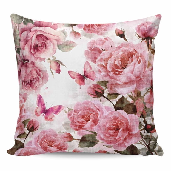 Pink Roses Pillow Covers 24x24 Inch Decorative Throw Pillow Cover, Spring Floral Elegant Pastoral Butterfly Sofa Pillowcases Accent Cushion Case Home Decor Bedroom Living Room