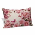 thumbnail image 1 of Pink Roses Pillow Covers, Linen Long Throw Pillow Case, Spring Floral Elegant Pastoral Butterfly Retro Holiday Pillow Protector Decorative Cushion Cover for Living Room/Bedroom 12" x 20", 1 of 8