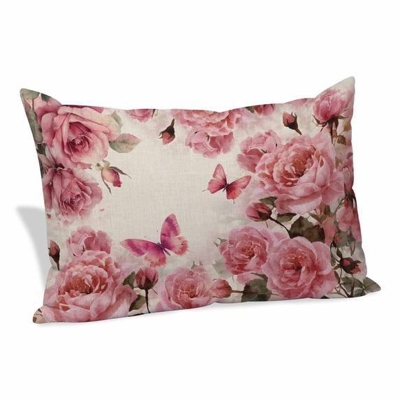 Pink Roses Pillow Covers, Linen Long Throw Pillow Case, Spring Floral Elegant Pastoral Butterfly Retro Holiday Pillow Protector Decorative Cushion Cover for Living Room/Bedroom 12" x 20"