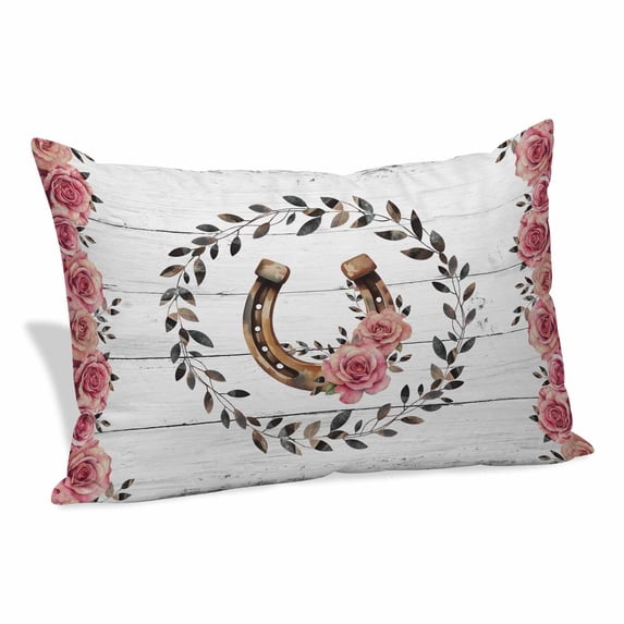 Pink Roses Pillow Covers, Linen Long Throw Pillow Case, Spring Horseshoes Floral Leaves Gray Wood Holiday Pillow Protector Decorative Cushion Cover for Living Room/Bedroom 16" x 24"