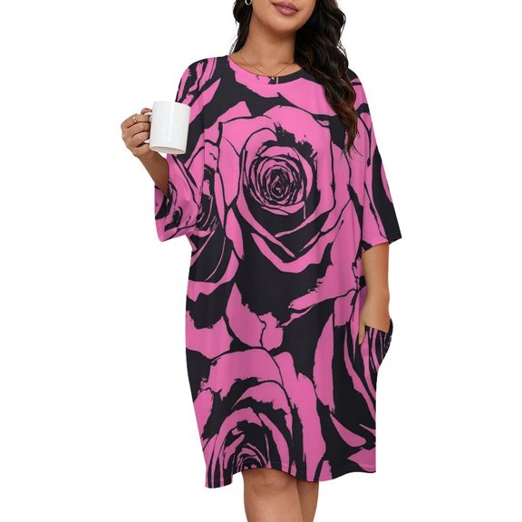 Pink Roses Print Sleepshirts For Sleeping Travels Loose Sleepdress Pajama Dress Soft Nightdress Sleepwear