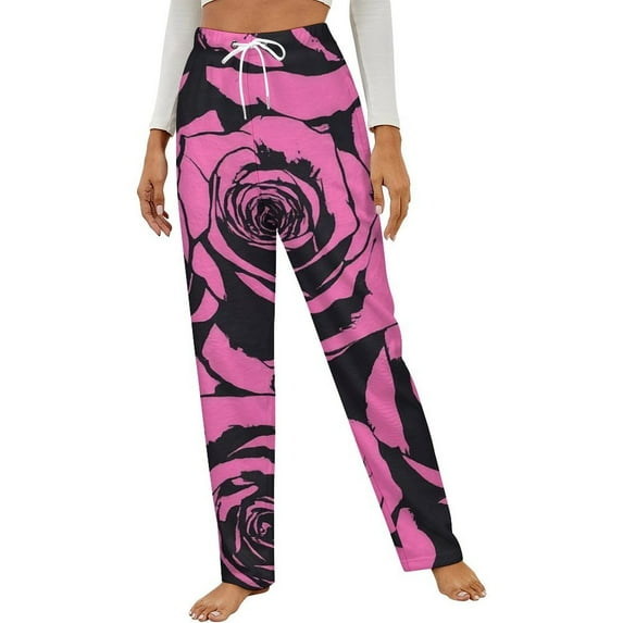 Pink Roses Print Winter Female Pants Flannel High Waist Women Pants Lady Warm Straight Leg Plush Trousers