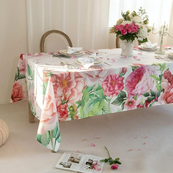 Pink Roses Rectangle Tablecloth 60x84 Inch, Waterproof Summer Floral Table Cover Rosette Table Cloth, Red Rose Rectangular Table Décor Washable Fabric for Party, Picnic, Camping, Kitchen, Dining Room