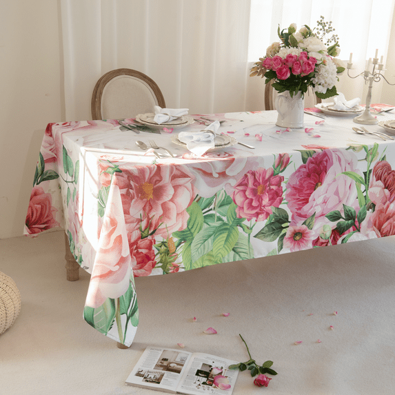 Pink Roses Rectangle Tablecloth 60x84 Inch, Waterproof Summer Floral Table Cover Rosette Table Cloth, Red Rose Rectangular Table Décor Washable Fabric for Party, Picnic, Camping, Kitchen, Dining Room