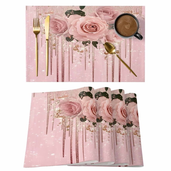 Pink Roses Romantic Placemats Set of 6 Watercolor Botanical Floral Place Mats Indoor Wipeable Table Mats Washable Cloth Dining Table Placemats for Kitchen Holiday Party Home Decor 13x19 Inch