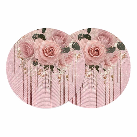 Pink Roses Romantic Round 15 Inch Placemats Set of 2, Watercolor Botanical Floral HeatResistant Non Slip Place Mats for Dining Table, Wipeable Braided Kitchen Table Mats for Housewarming