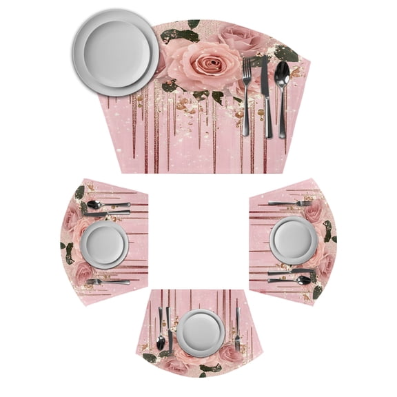 Pink Roses Romantic Round Table Placemats Set of 2 Wedge Placemats, Watercolor Botanical Floral Place Mats for Dining Table Set Washable Mats Kitchen Decor for Indoor Outdoor Wipe Clean
